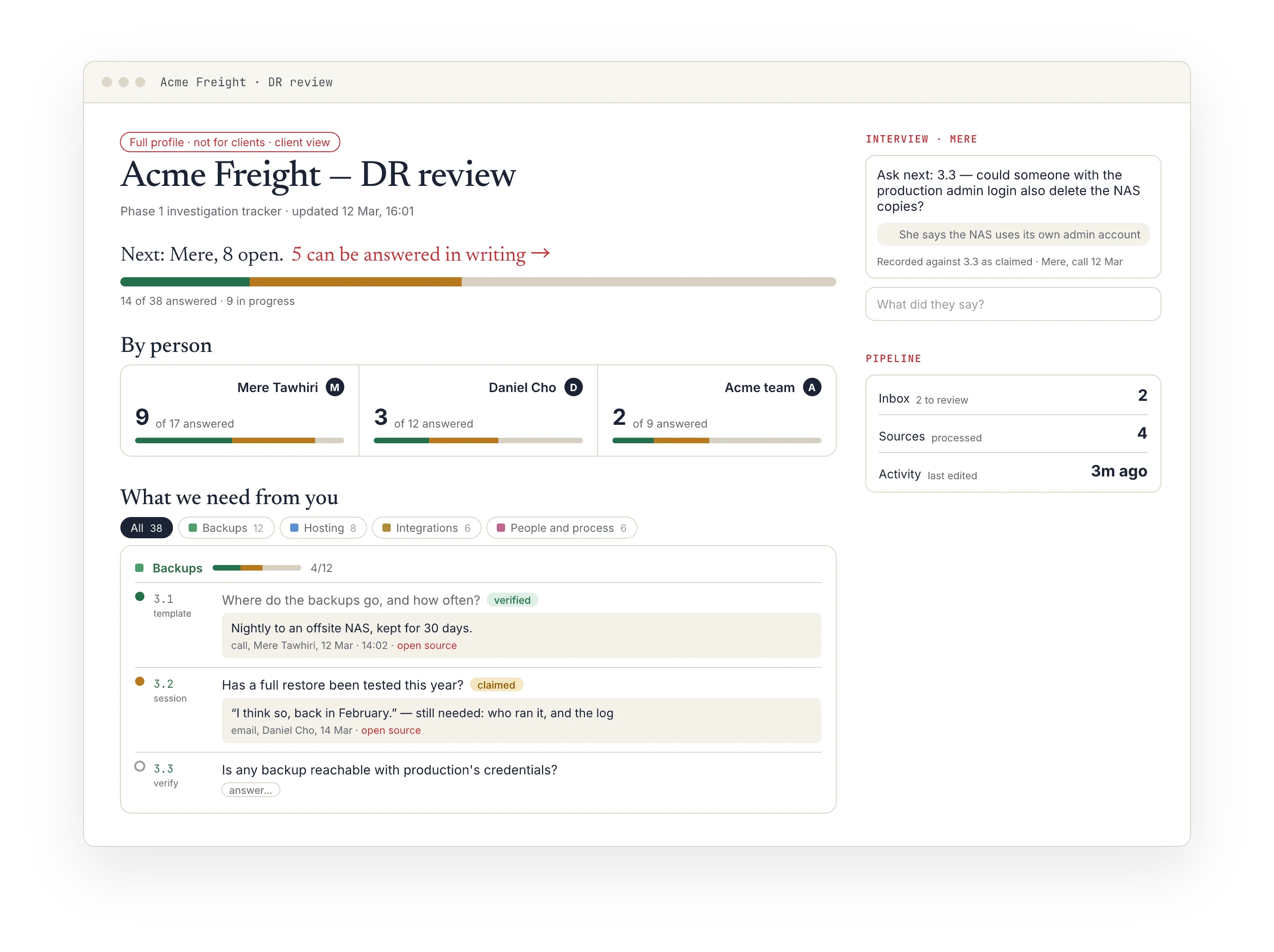 The tracker for a sample engagement: progress by person, a backups checklist with verified and claimed answers and their sources, and the live interview panel.